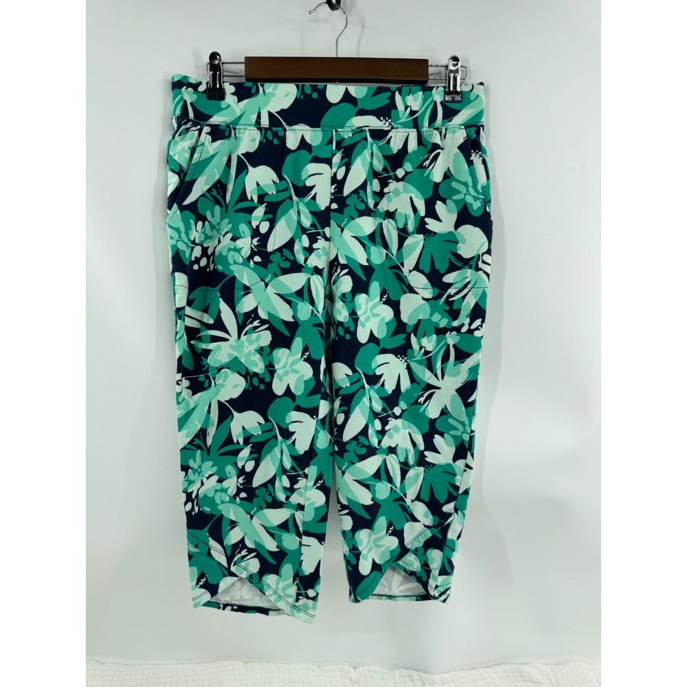 D&Co Active Floral Cropped Pants Size S Green Navy Blue Tulip Hem Pull On
